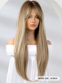 Ombre Linen Gold Long Straight Synthetic Wigs For Women Natural Wave Wigs With Bangs Heat Resistant Cosplay Hair - Multicolor - View 6