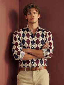 Camisa de manga larga casual con patrón de diamantes para hombres - Multicolor - Ver 2