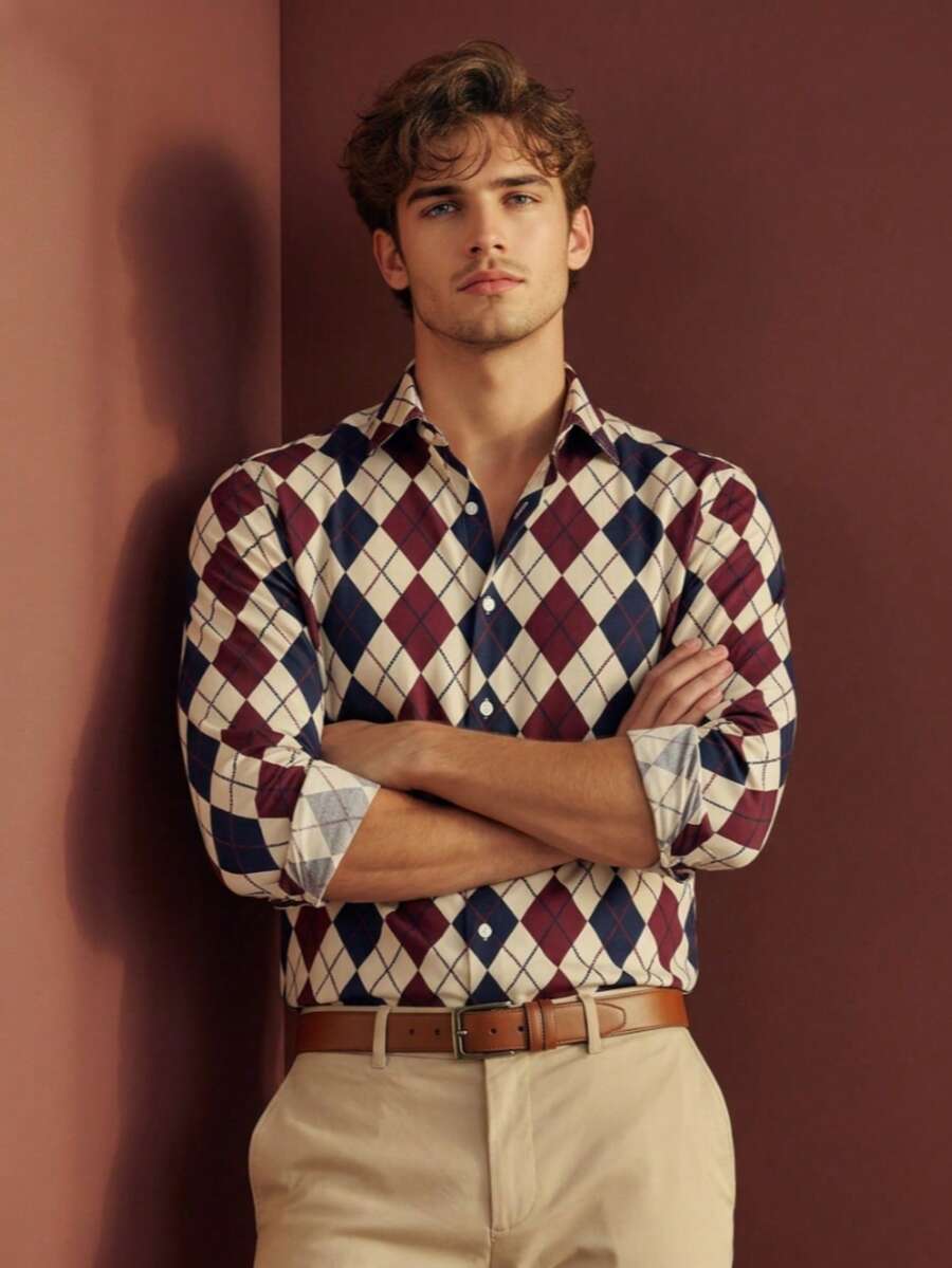 Camisa de manga larga casual con patrón de diamantes para hombres