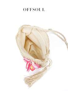 French Vacation Style Floral Straw Bag, Women's Summer Beach Bag, Hollow Shell Half-Round Handmade Woven Bag, Bohemian Tassel Shoulder Bag - Beige - View 5