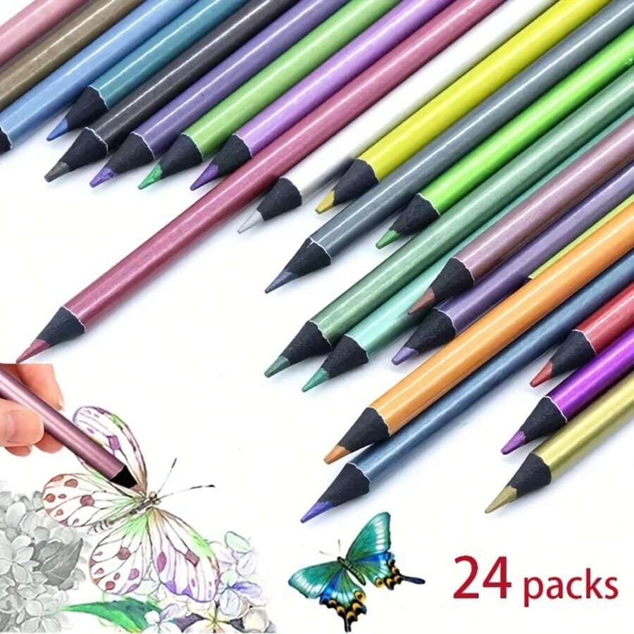 24pcs Metal Color Wooden Colored Pencils, Brilliant Pearlescent Texture, Soft And Hard Leads, Smooth Coloring With Vivid Pigments, Suitable For Professional Art Creation, Adult Coloring Books, Hand Painting, DIY Crafts, Creative Drawing Pencil Set - Round - View 1