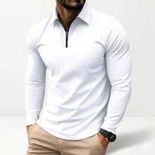 Men's Long-Sleeved Polo Shirt With Front Zip, Made Of Polyester, Regular Fit And Casual Style. - 白色 - 查看 2