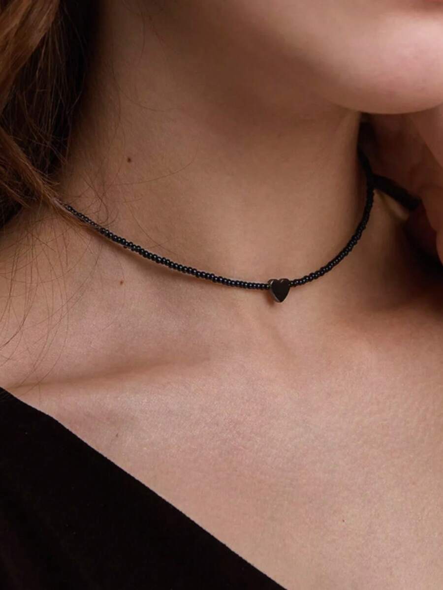 两件套优雅波西米亚风心形水晶项链和手链套装，适合女性日常佩戴、派对和度假，也是情人节礼物的理想之选。 - 黑色 - 查看 1