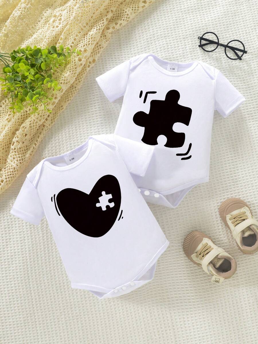 两件套婴儿男女童装休闲可爱连体衣，可爱卡通印花短袖连体衣 - 白色 - 查看 1