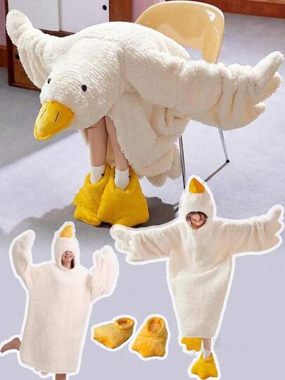 2pcs/Set Oversized Goose Down Hooded Blanket Sweatshirt, Extra Large With Pockets, Includes Goose Foot Slippers. Warm And Comfortable Flannel Fabric, Perfect Adult Gift - The Warmest Present. (Slight Color Difference, Actual Item Prevails.)