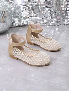 1 Pair Mesh Mary Jane Flat Shoes, Solid Color Glossy Fabric Bow Design Round Toe Thick Sole Fashion Classic Cute Casual Dance Flat High-Top Shoes, Suitable For 3-15 Years Old Female Students For Daily, Party, Leisure, Travel, Vacation, Outdoor Wear, 2026 Spring/Summer New Casual Shoes - Gold - View 2