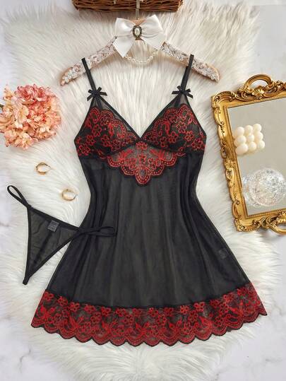 Plus Size Lace & Mesh Contrast Color Camisole Nightgown With G-String 2pcs Sleepwear Set