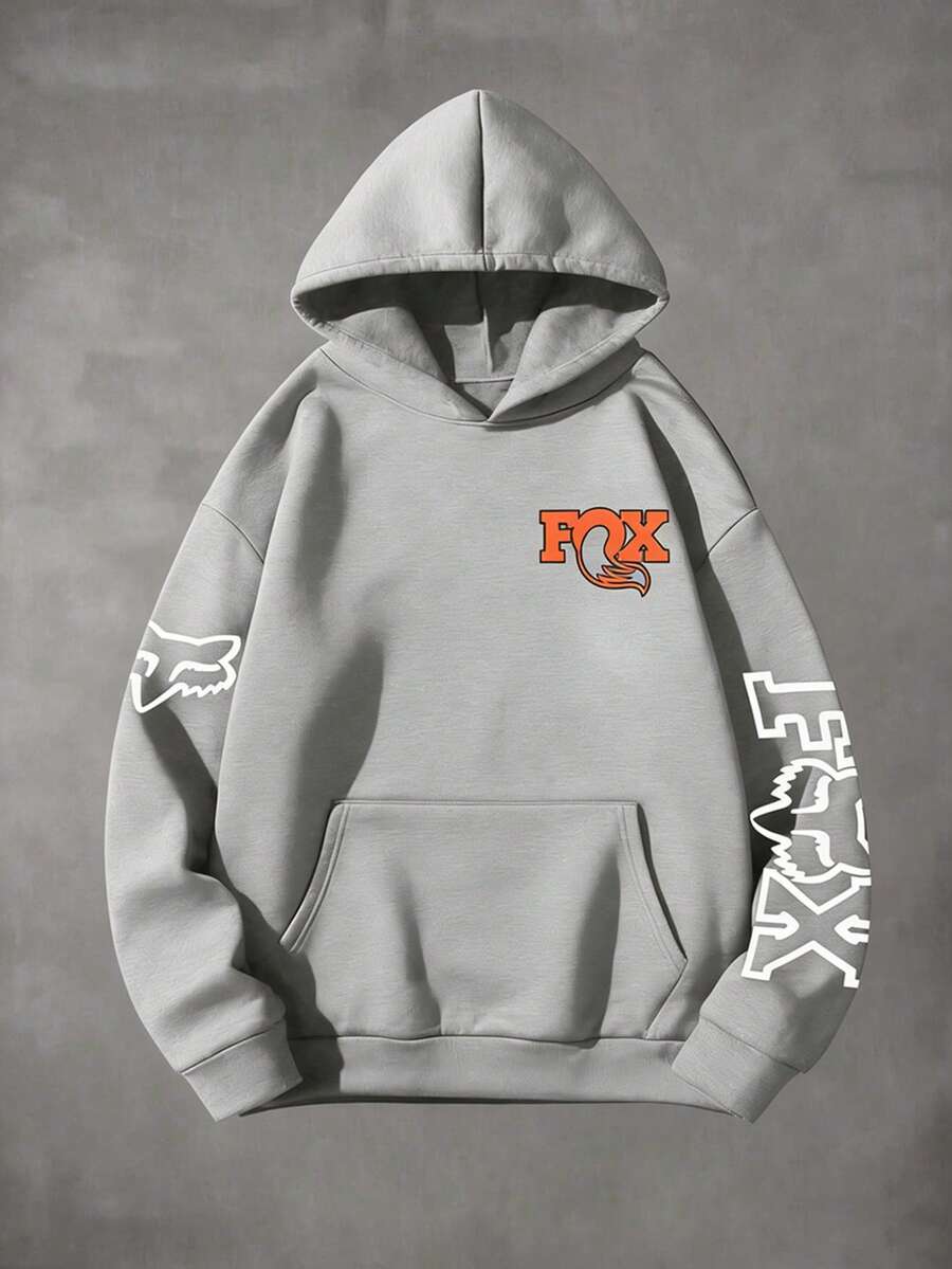 Hoodies With Fox Racing Print, Comfortable, Soft And Breathable Pullovers In Retro And Street Style, Motocore, Fox Racing Motorcycle Hoodies, Fox Racing Clothing, Long-Sleeved Autumn And Winter Hoodies With Drawstring And Double-Sided Print Suitable For Women And Men, Casual Hip-Hop Tops, Racing Enthusiasts, Men's Hoodies - Xám - Xem 1