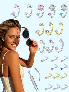 Bộ 1 khuyên mũi bằng thép không gỉ và khuyên mũi hình chữ L đính đá Cubic Zirconia sáng bóng hình trái tim/tròn/sao, kèm dụng cụ xỏ khuyên và hướng dẫn vị trí, phù hợp cho cả nam và nữ, có thể đeo hàng ngày. - Nhiều màu - Xem 1