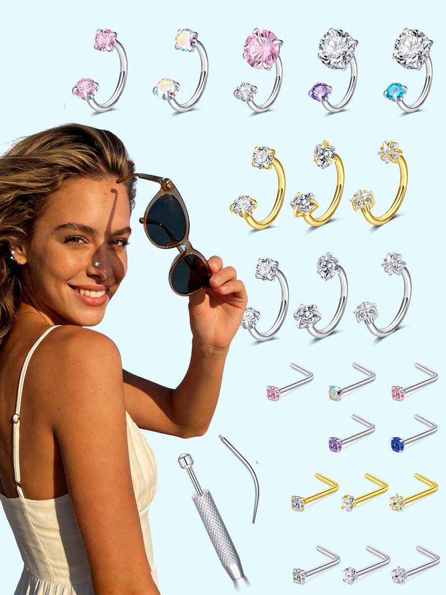 Bộ 1 khuyên mũi bằng thép không gỉ và khuyên mũi hình chữ L đính đá Cubic Zirconia sáng bóng hình trái tim/tròn/sao, kèm dụng cụ xỏ khuyên và hướng dẫn vị trí, phù hợp cho cả nam và nữ, có thể đeo hàng ngày. - Nhiều màu - Xem 1