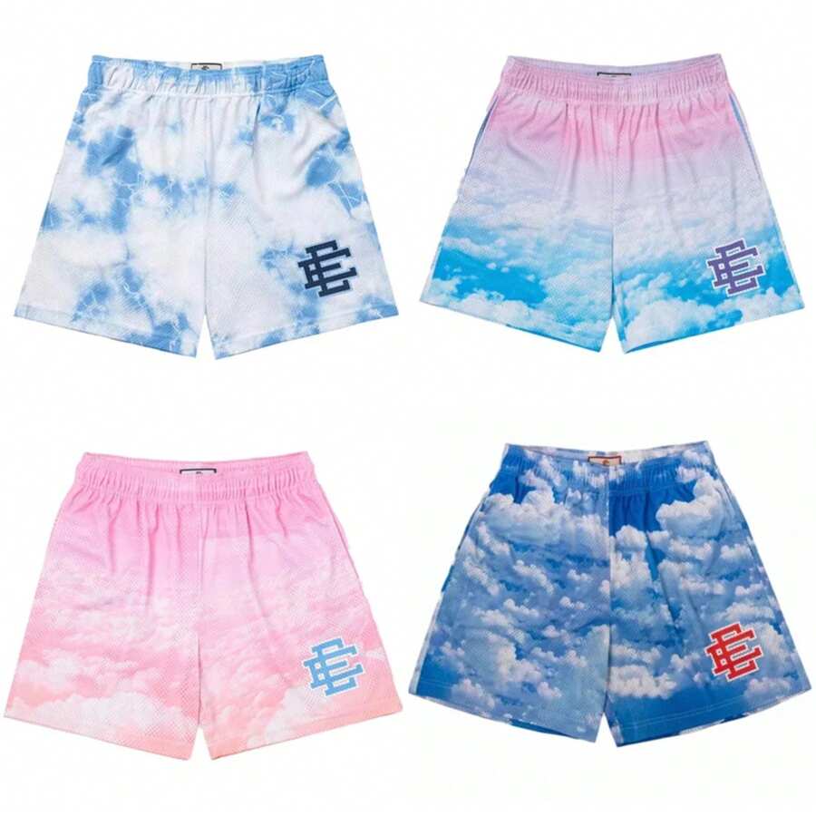 Summer EE Basic Mesh Short Classic Floral Printed Gym Shorts Men's Gym Basketball Sports Beach Men Shorts - bạch vân xanh - Xem 1