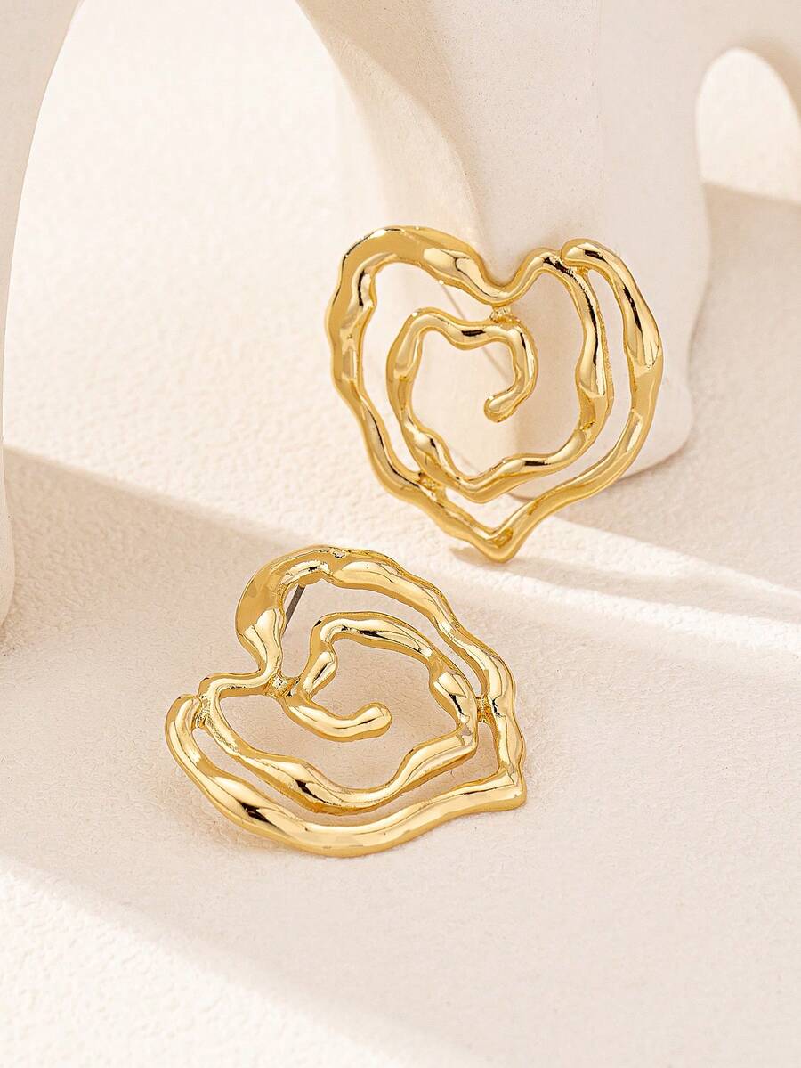 1对夸张几何镂空不对称心形耳环（女士款） - 金黃色 - 查看 1