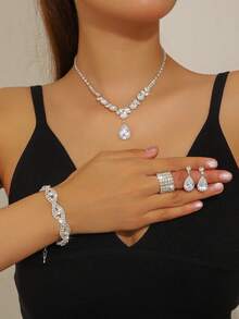 5pcs Minimalist Floral Design Jewelry Set: Teardrop Pendant Necklace + 1 Pair Earrings + Bracelet + Ring. Party, Wedding, Graduation Gift - Multicolor - View 6