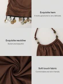 夏季度假棕色吊带连衣裙 | 无袖露背紧身迷你连衣裙 女士棕色吊带露背迷你连衣裙 | 褶皱紧身沙滩连衣裙，配贝壳流苏 Y2K 棕色褶皱吊带迷你连衣裙 | 露背紧身沙滩罩衫 - 棕色 - 查看 5