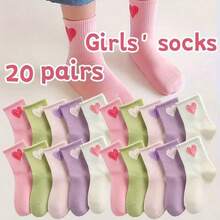 20 Pairs Cotton Children's Socks, Cute Heart Pattern, Versatile Mid-Calf Socks For Boys & Girls, Spring/Summer/Autumn - Multicolor - View 9
