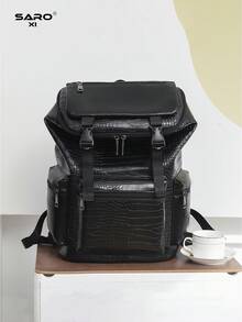 男士时尚双肩包，休闲双肩包，韩版印花大容量旅行电脑包，徒步背包，拉链封口，PVC黑色花卉图案，男士礼物 - 黑色 - 查看 2