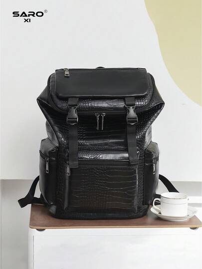 1pc Men's Fashion Backpack, Casual Dual-Shoulder Backpack, Korean Printed Large Capacity Travel Laptop Bag, Hiking Backpack, Zipper Closure, PVC Black Floral Pattern, Gift For Men