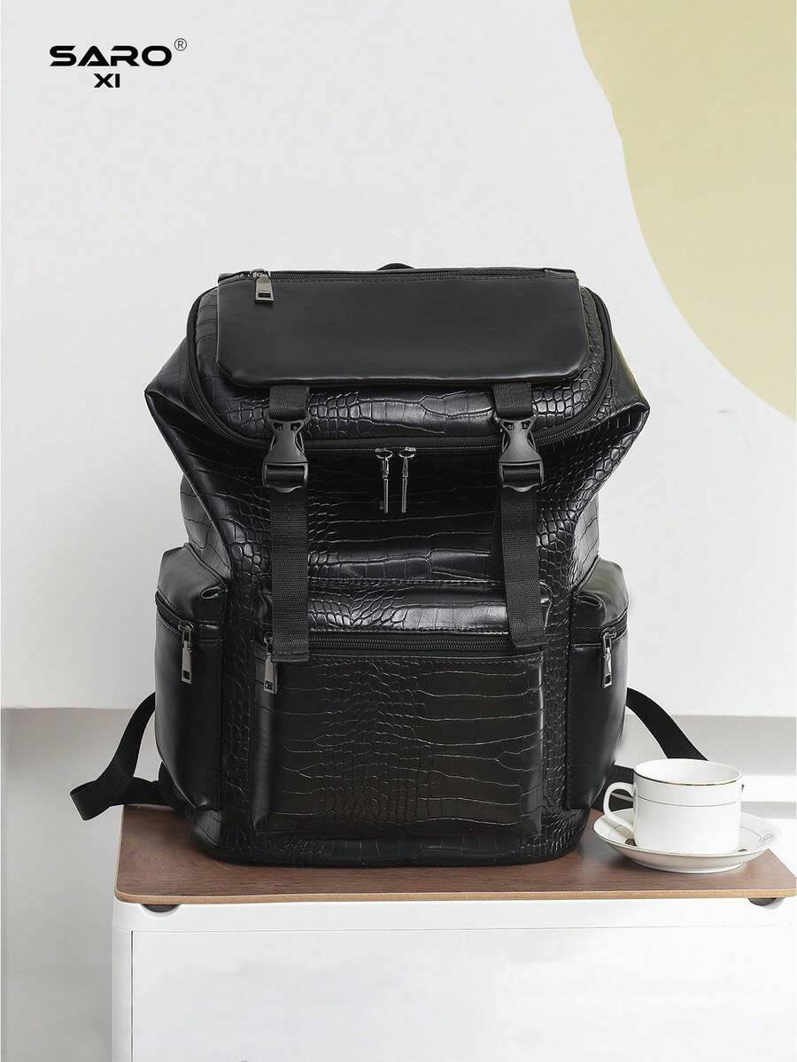 男士时尚双肩包，休闲双肩包，韩版印花大容量旅行电脑包，徒步背包，拉链封口，PVC黑色花卉图案，男士礼物