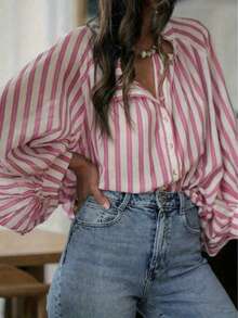 Plus Size Women Spring/Autumn Casual Striped Loose Lantern Sleeve Shirt - Pink and White Stripes - View 4