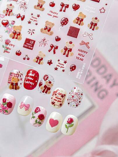 1 Piece Of 5D Gold-Plated Nail Art Sticker, Cute Cartoon Bow Bear, Valentine's Day Nail Art Accessory Sticker, Nail Decoration Sticker