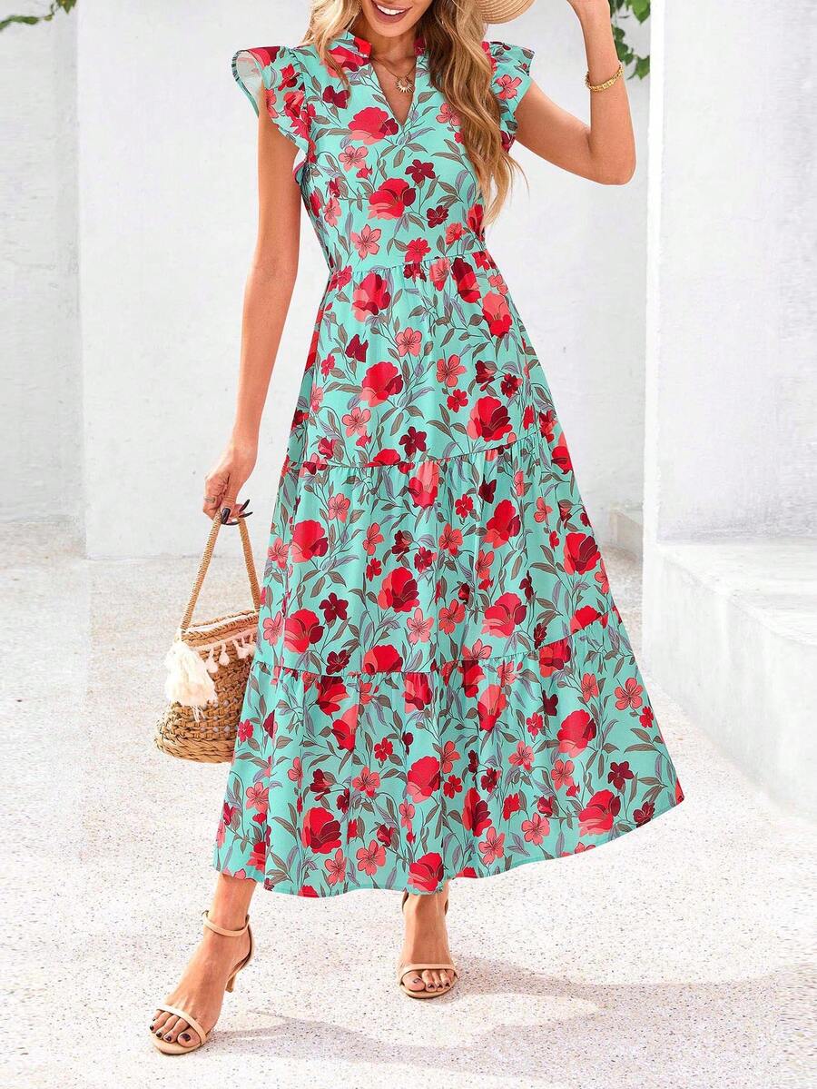 Women's Summer Print Mid-Length Dress With Sleeve Cap V-Neck Ruffled Long Flowing Bohemian Style Casual Beach Holiday Dress - 綠底紅花色 - 查看 1