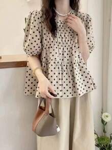 Áo kiểu nữ thời trang mùa hè, tay ngắn xòe họa tiết chấm bi, cổ tròn, vạt xòe nhẹ. - Màu be - Xem 1