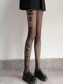 1 Pc Women's Black Pantyhose With Letter Print – Sheer Tights, Lightweight For Summer Daily Wear - Black - View 5