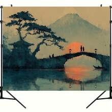 1pc Extra Large Elegant Ink Painting Bridge Tapestry - High-Definition Digital Print,, No Installation Needed,  Japanese Landscape With Sunset Reflections, Perfect For Home Decor, Tapestry Wall Hanging - Multicolor - View 4