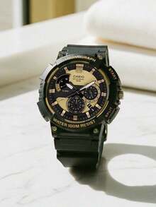 Đồng hồ Casio nam chạy bằng pin thạch anh - Đồng hồ thể thao cổ điển mặt số đen và vàng bằng nhựa, chống nước 100M MCW-200H-9A - màu đen - Xem 1