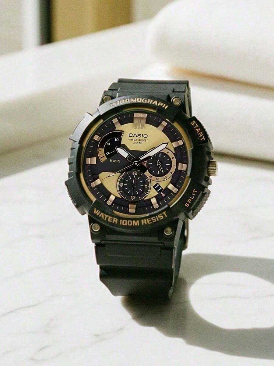 Đồng hồ Casio nam chạy bằng pin thạch anh - Đồng hồ thể thao cổ điển mặt số đen và vàng bằng nhựa, chống nước 100M MCW-200H-9A - màu đen - Xem 1