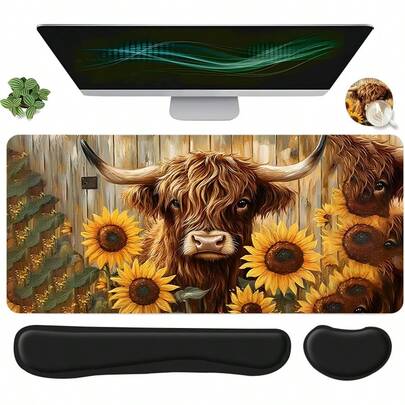4pcs Highland Cow With Sunflowers Design Mouse Pad + Keyboard Wrist Rest + Ergonomic Mouse Pad + Coaster Set For Desktop Decoration, Office Accessories Set Ergonomic Wrist Support, Computer Mat Mouse Pad Coaster Suitable For Home Office Gaming