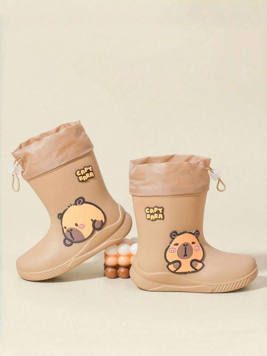 Cartoon Kids Rain Boots, Girls Mid-Calf Rain Shoes, Boys Waterproof Rubber Boots - Brown - View 1