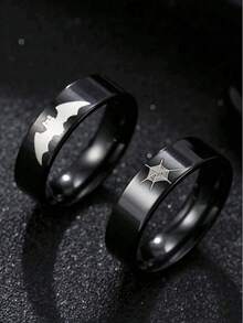 2pcs Stainless Steel Gothic Style Rings With Bat & Spider Web Patterns, Suitable For Daily Wear, Halloween Gift, Couple Rings - Multicolor - View 1