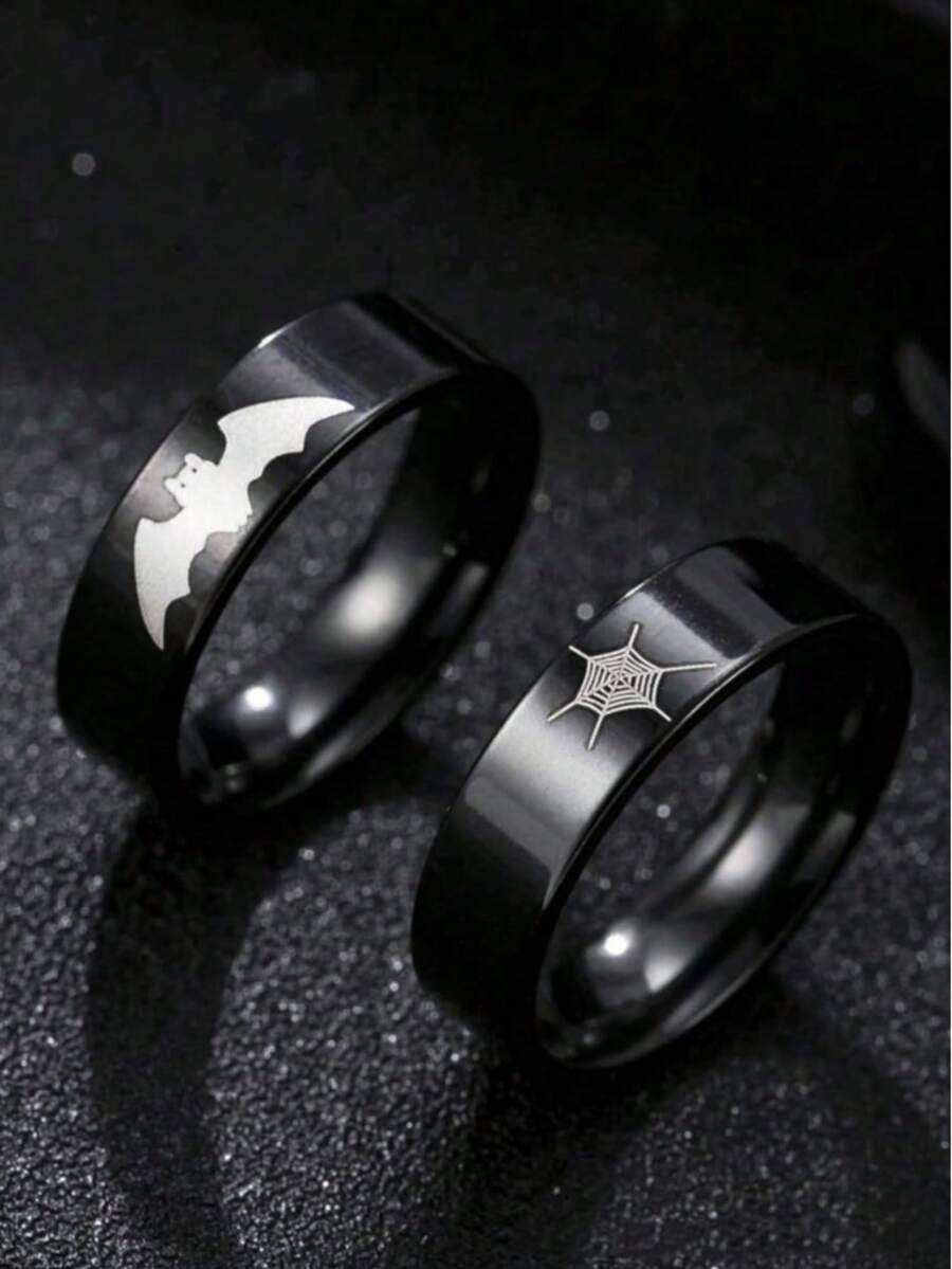 2pcs Stainless Steel Gothic Style Rings With Bat & Spider Web Patterns, Suitable For Daily Wear, Halloween Gift, Couple Rings - Multicolor - View 1