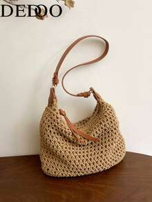Dedoo 女士钩针编织单肩包，轻便编织沙滩手提包，适合夏季度假 - 卡其色 - 查看 2