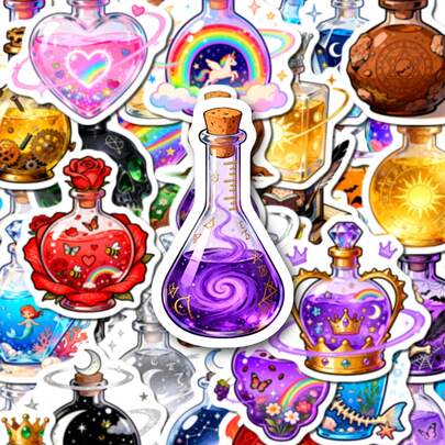 56张魔法药水瓶贴纸，美观的女巫主题防水乙烯基贴纸，适用于水瓶、笔记本电脑、滑板、行李箱、日记本等，神秘巫师药水瓶装饰贴纸，适合成人和青少年，奇幻魔法主题贴纸，可用于剪贴簿、计划本、手机壳、DIY工艺品、剪贴簿用品、文具、趣味贴纸、Kindle等。