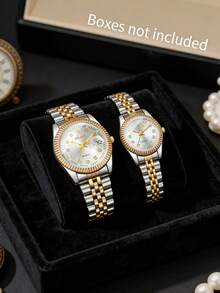 两件套经典黑白情侣石英表套装，包含一男款和一女款配饰组合，男士款为方形日历腕表，女士款为简约水钻腕表。 - 銀色 - 查看 15