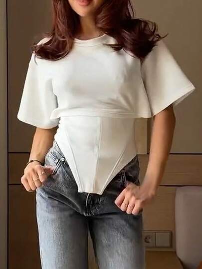 Women's Cropped Round Neck Short Sleeve Asymmetrical T-Shirt, Solid Color Knit Fabric With Tie Back, Casual Wear For Daily, Date, And Street White Summer