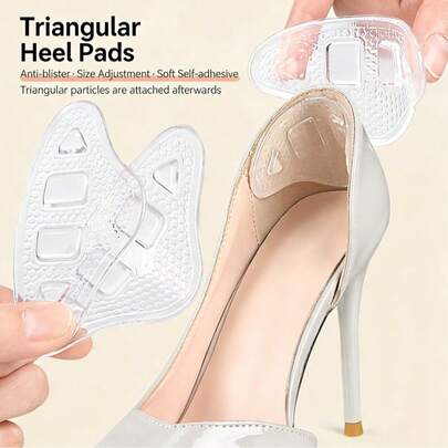 1 Cặp miếng lót gót giày hình tam giác trong suốt, tự dính, mềm mại, có thể điều chỉnh kích thước và chống trượt.