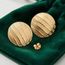Striped Round Earrings ,Gold Minimalist Stainless Steel Material ,Retro Signature Jewelry Suitable For Women - Gold - View 2