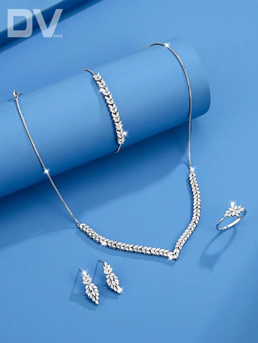 DV JEWELRY 5件套弹力首饰套装,镶嵌立方氧化锆,铂金镀层,奢华项链、手链、耳环、开口戒指,优雅女士首饰套装,派对/周年纪念礼物,附赠礼盒 - 查看 1