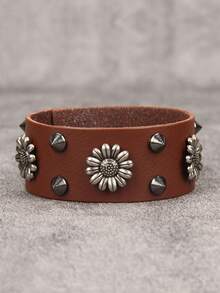 1件极简合金花朵铆钉皮革手链，朋克风格男女通用可调节手镯 - 黑色 - 查看 18