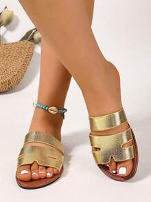 Ximi Ruo Wide Fit Rhinestone Embellished Comfortable Slippers, Korean Casual Flat Sandals For Women, Open Toe Slides For Spring, Summer, Beach, Casual Wear - Gold - View 3