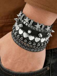 Xiacheng 1/5 件装朋克手链，摇滚风 emo 手链，嘻哈铆钉手链，哥特手链，朋克铆钉手链，另类摇滚手链，朋克手链，男女通用 - 黑色 - 查看 5