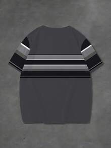 Plus Size Men's Striped Short Sleeve T-Shirt, Summer Gray & Black Contrast Color Casual Top, Loose Fit Slimming Brand Tee Sports - Grey - View 3