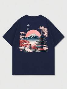 Zrgoth 男士春夏休闲户外运动街头时尚山川樱花印花短袖T恤， - 藏蓝色 - 查看 8