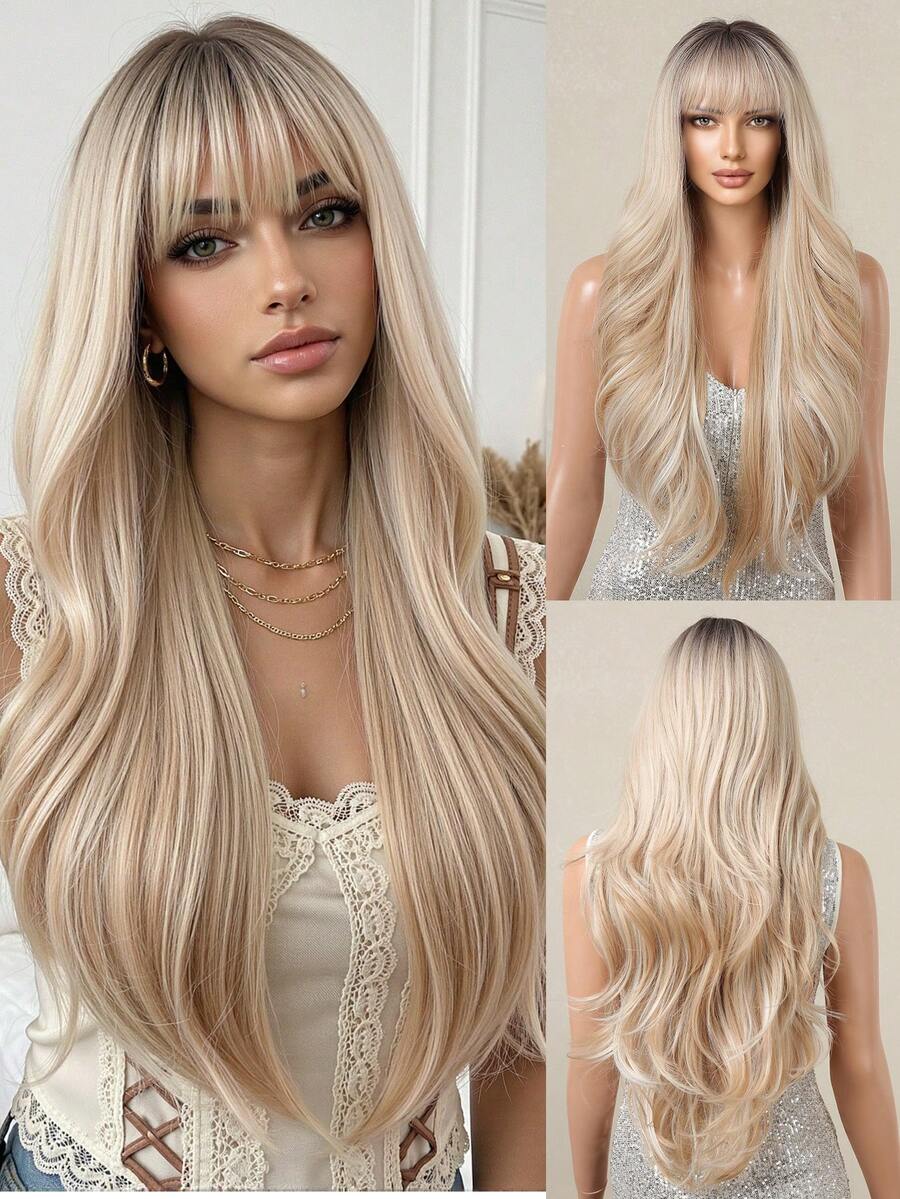 Ombre Flax Gold Long Straight Synthetic Wigs For Women Natural Wave Platinum Blonde Highlight Wigs With Bangs Heat Resistant Cosplay Hair