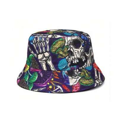 1顶涤纶骷髅头波西米亚印花遮阳帽，四季皆宜，适合万圣节、派对、嘻哈风格，双面可戴