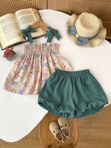 2件套女童休闲蝴蝶结印花吊带背心和灯笼短裤套装，甜美夏日装扮 - 綠色 - 查看 1