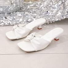 Women's High Heel Shoes With Bow Tie, Elegant Solid Color Vintage Sexy Party PU Leather Slip-On Pumps, Pointed Toe Kitten Heel Sandals For Wedding, Party, Beach In Summer - White - View 10